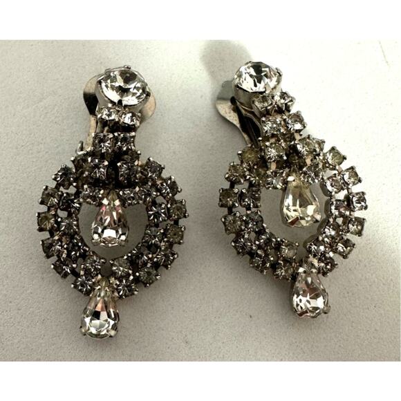 Clear Rhinestone Circular Drop Earrings Clip On Wedding Prom Bling Mid Century - Picture 1 of 4